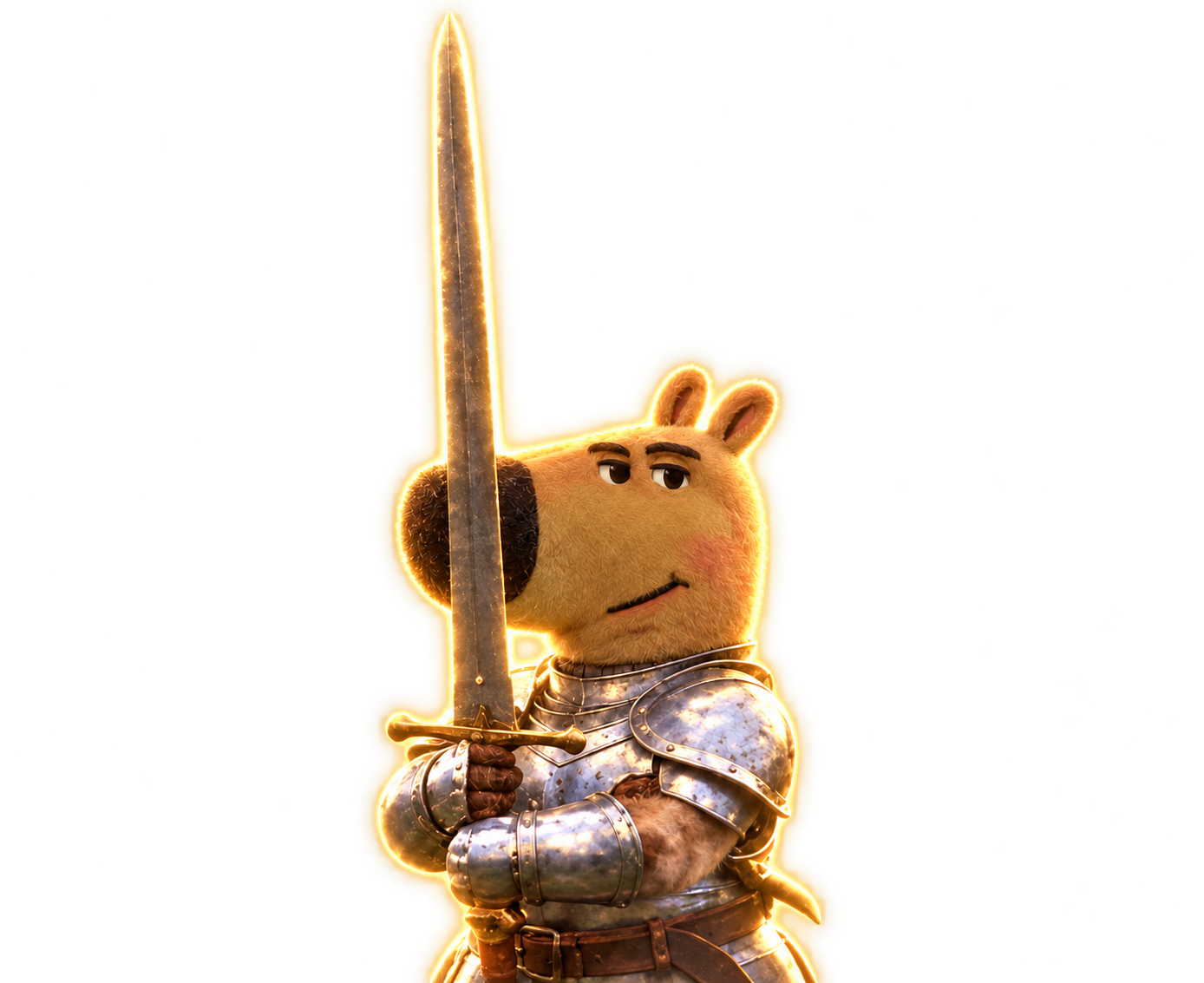 A relaxed tan dog knight in silver armour, holding a glowing golden sword